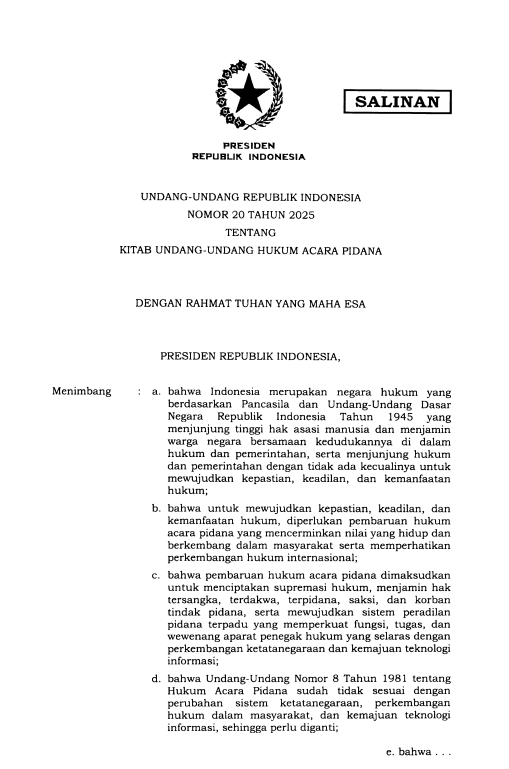 Undang-Undang Nomor 20 Tahun 2025 tentang Kitab Undang-Undang Hukum Acara Pidana (KUHAP)